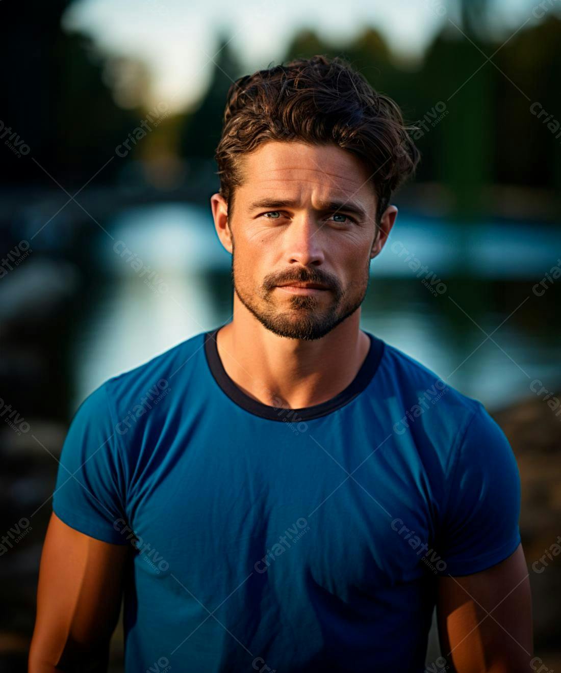 Homem com barba usando camiseta azul em parque