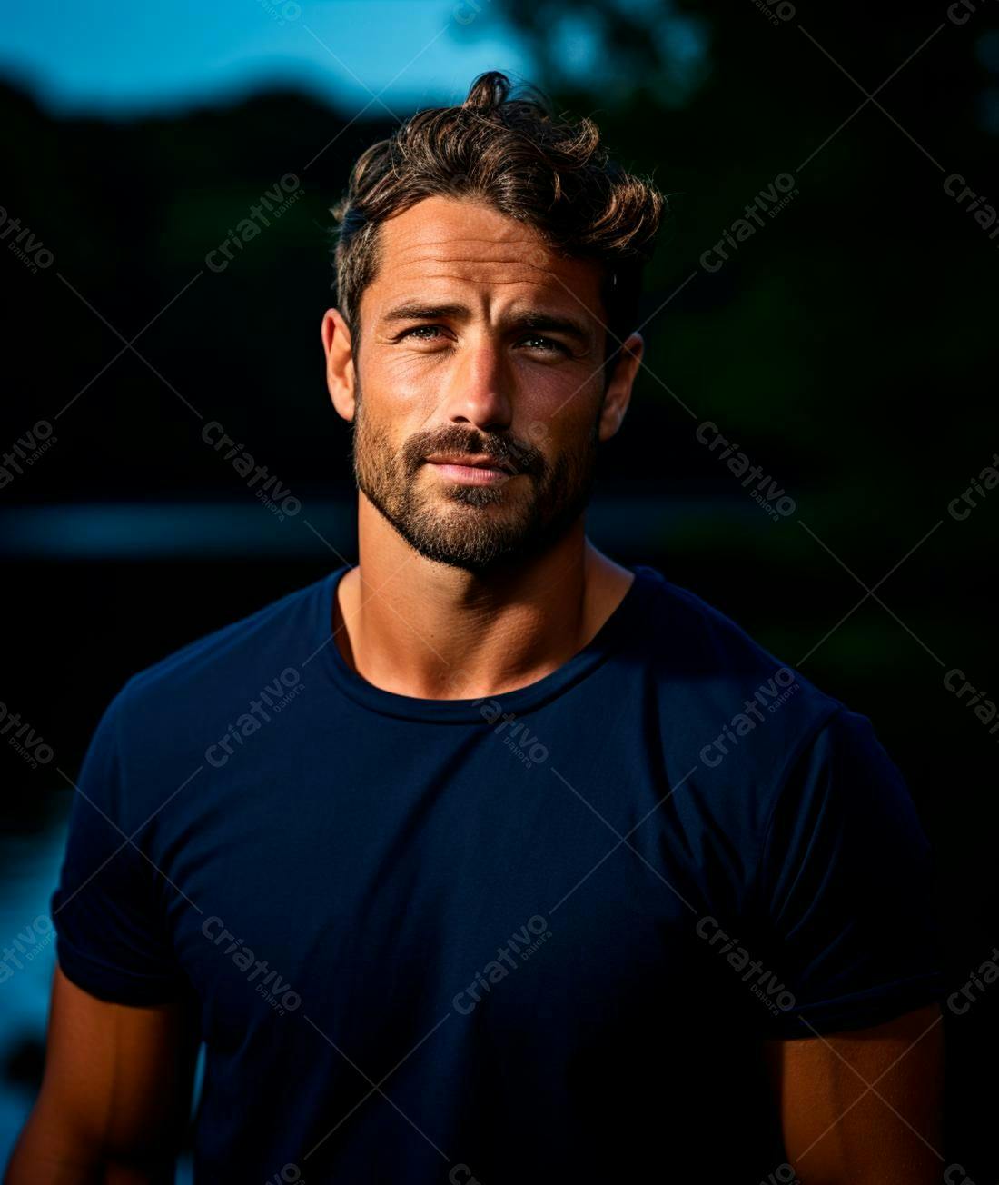 Homem barbudo em camiseta azul escura ao ar livre
