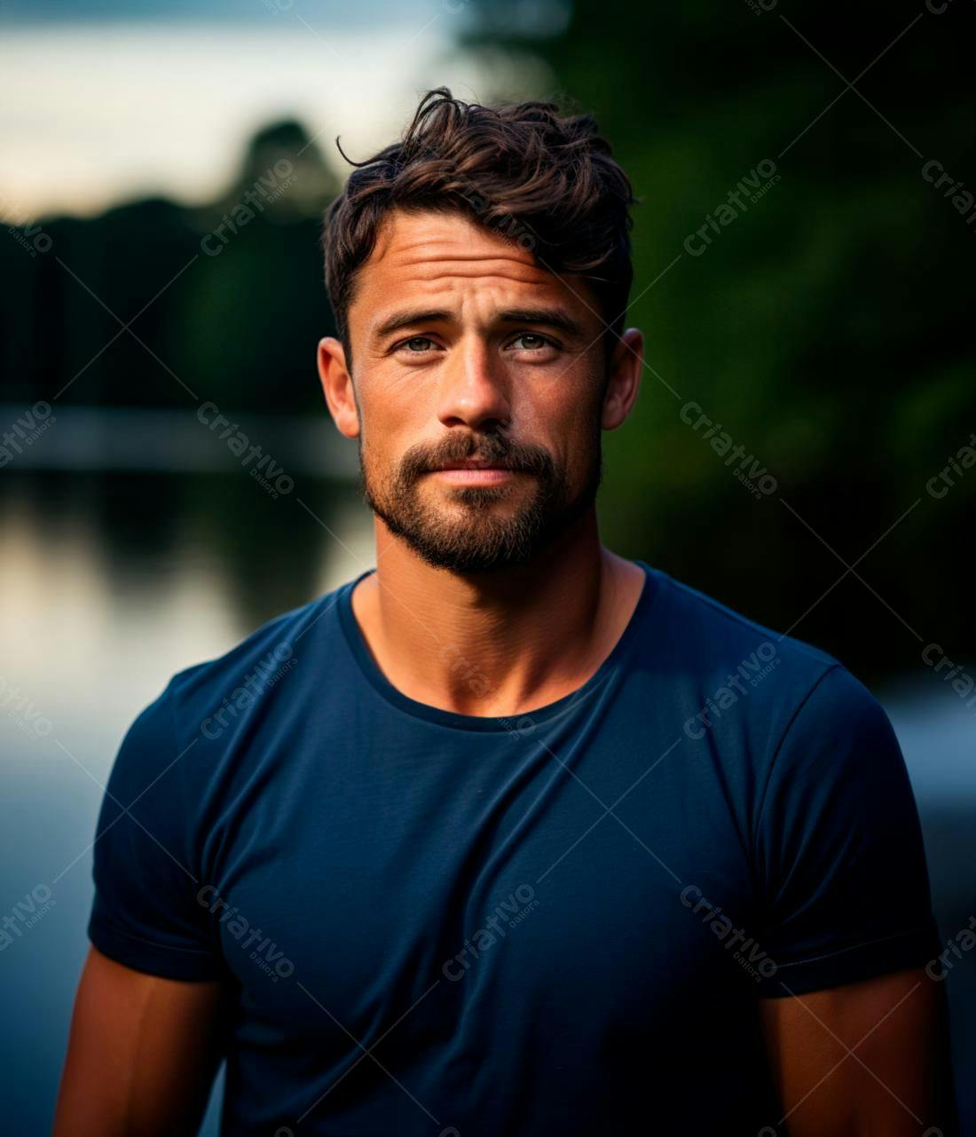 Homem barbudo em camiseta azul em parque