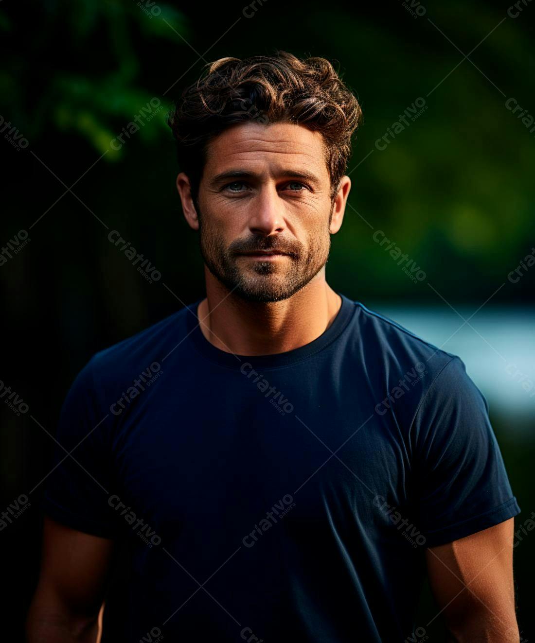 Homem barbudo em camiseta azul escura