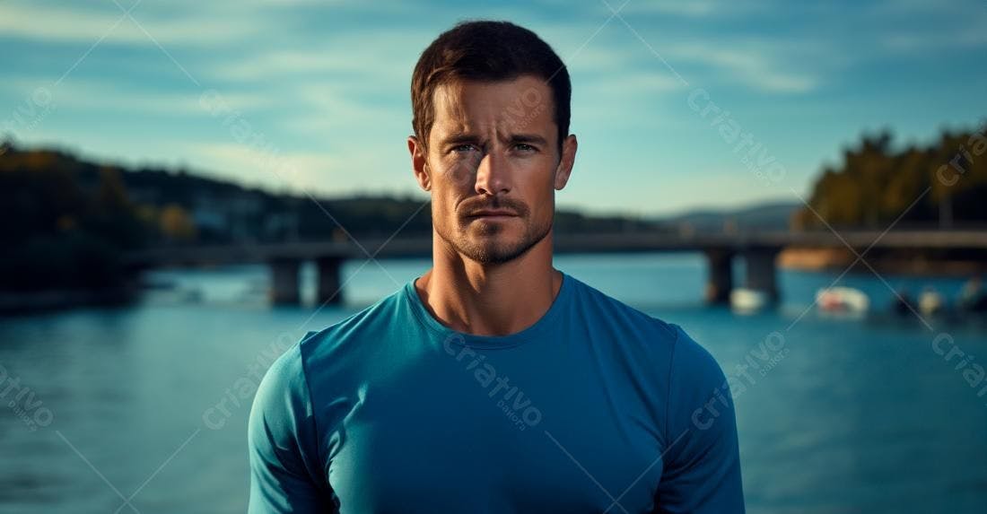 Homem sério em camiseta azul perto de rio