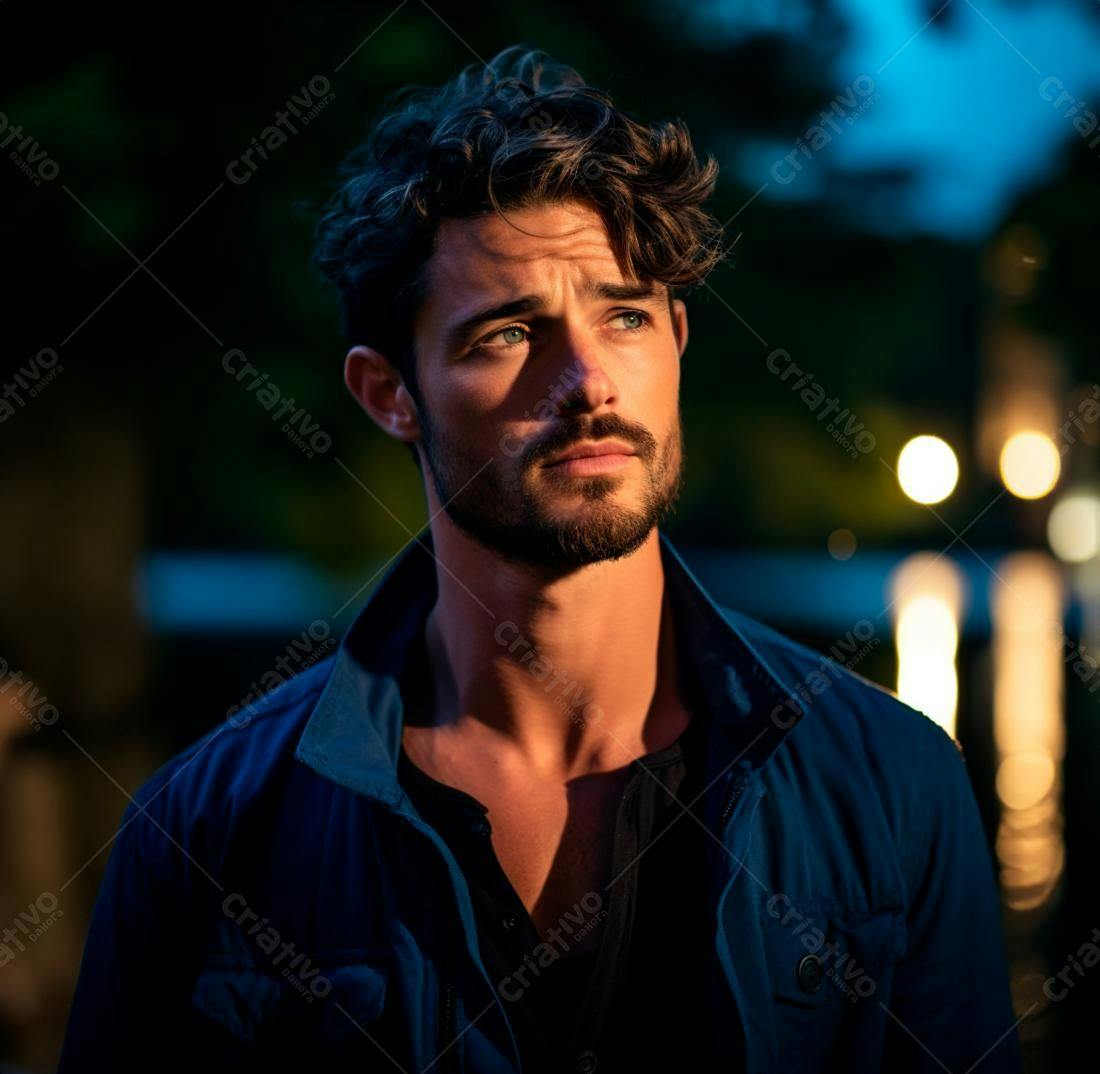 Homem com barba olhando para o horizonte noturno
