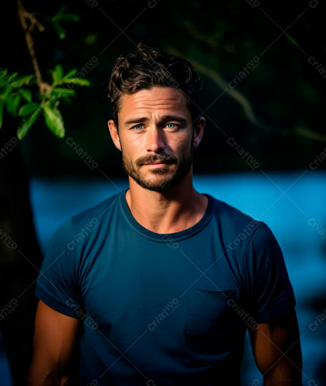 Homem de olhos azuis camisa azul escura