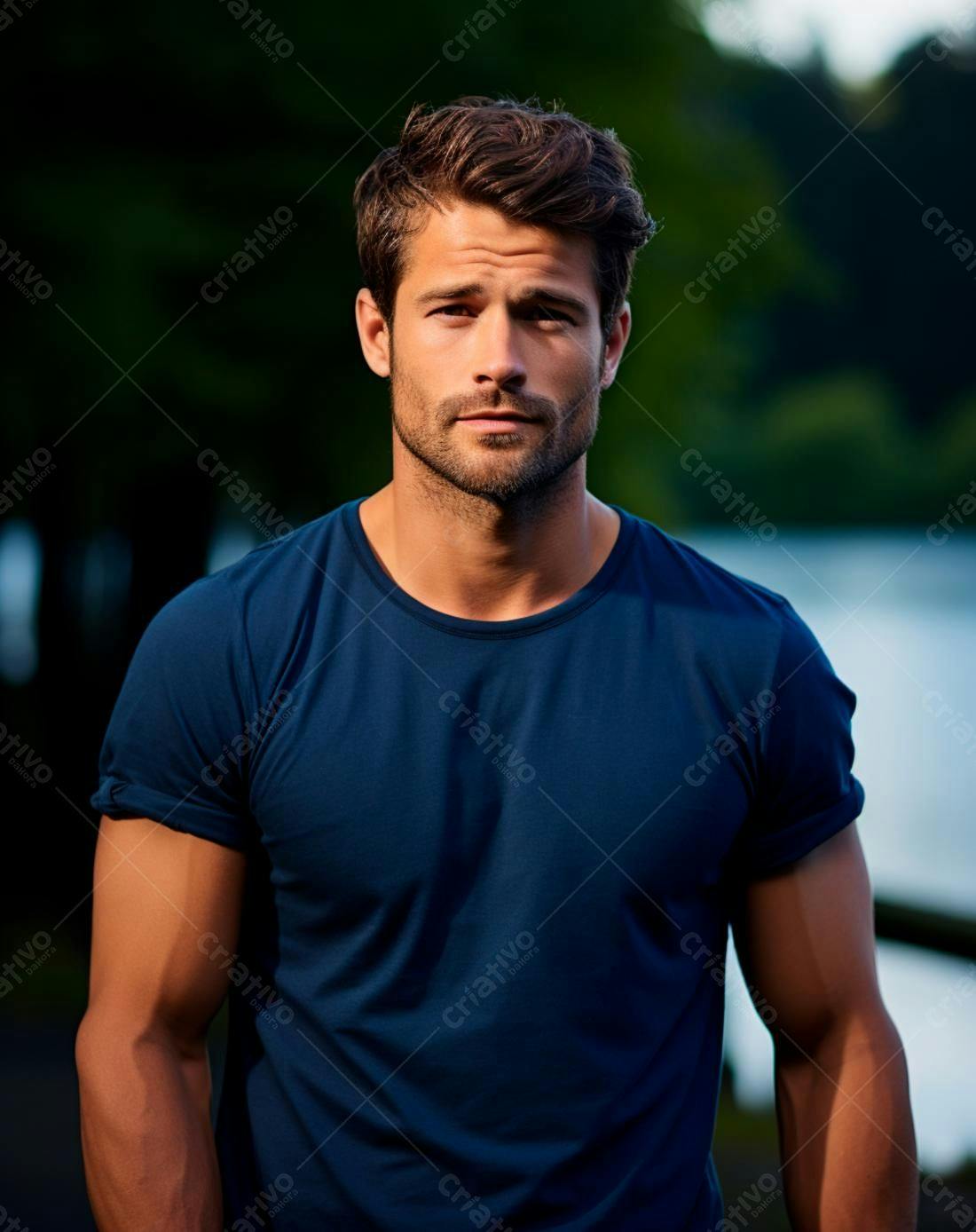 Homem moreno de camiseta azul em cenário natural