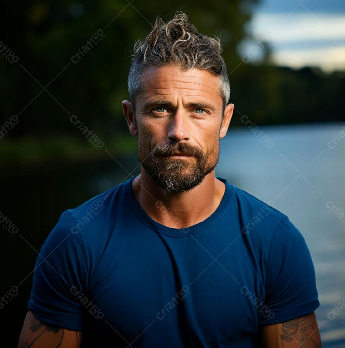 Homem barbudo com cabelo grisalho perto de lago