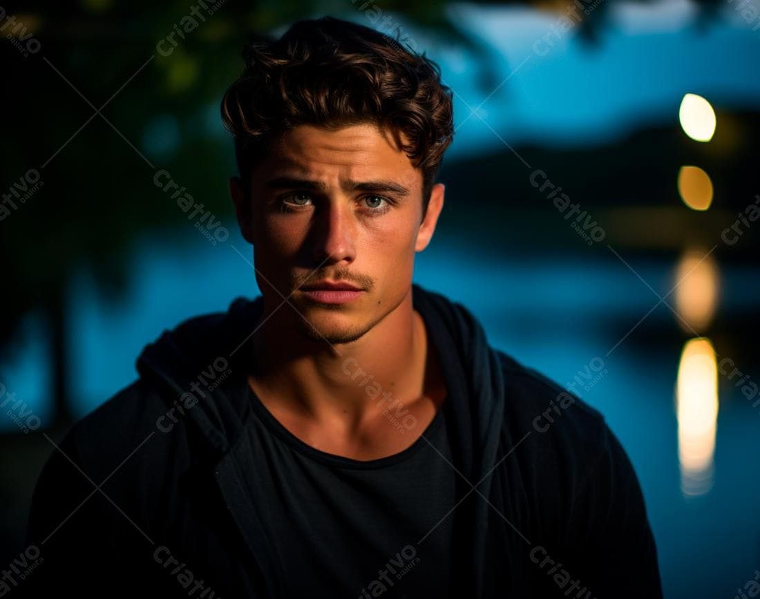 Homem jovem com olhos azuis fundo azul noite