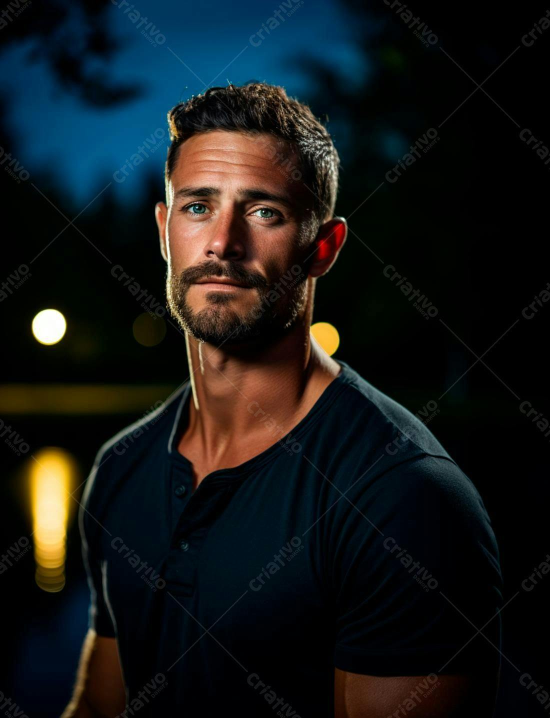 Homem barbudo com olhos azuis noite escura