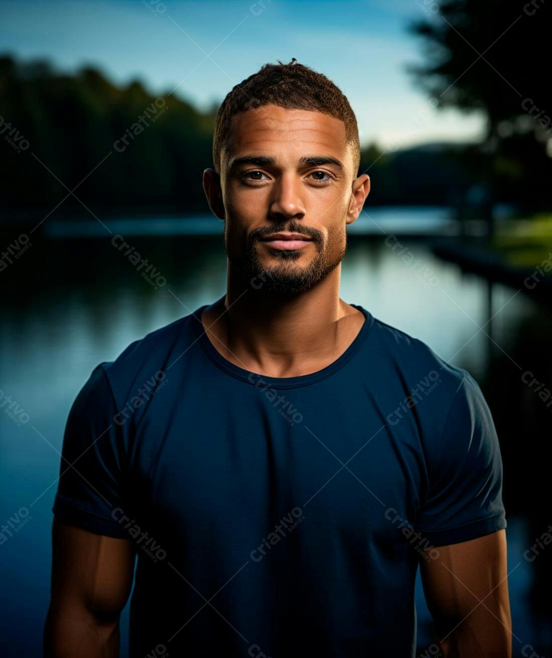 Homem moreno vestindo camiseta azul lagoa ao ar livre