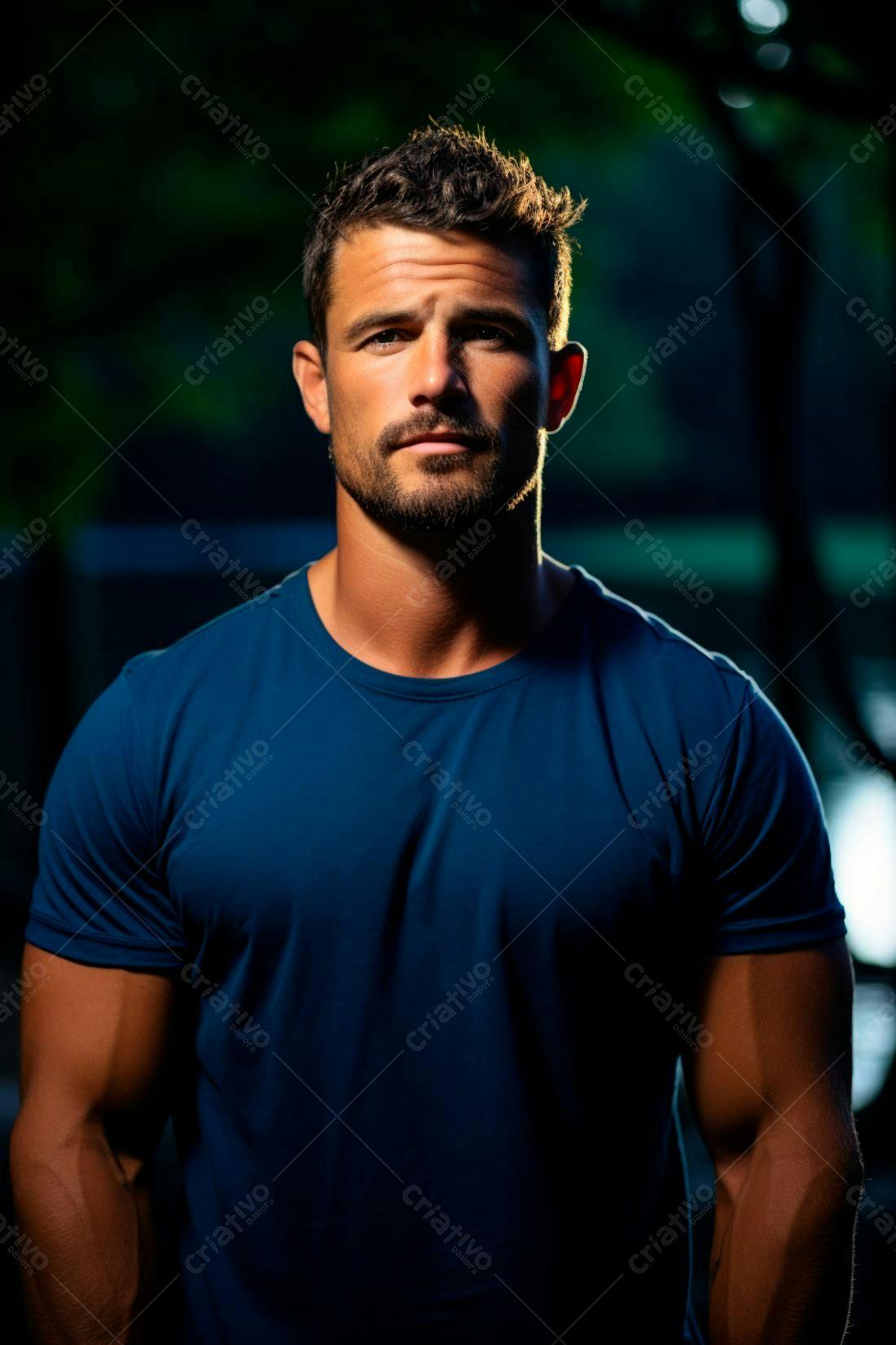 Homem musculoso em camiseta azul escura
