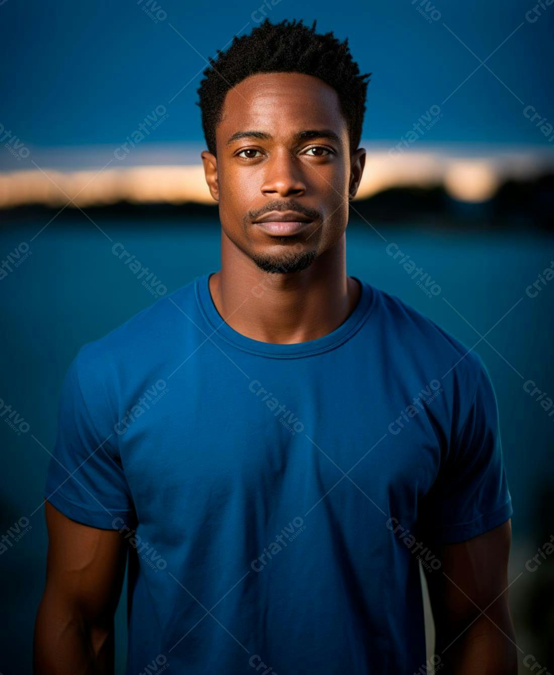 Homem negro em camiseta azul ao entardecer