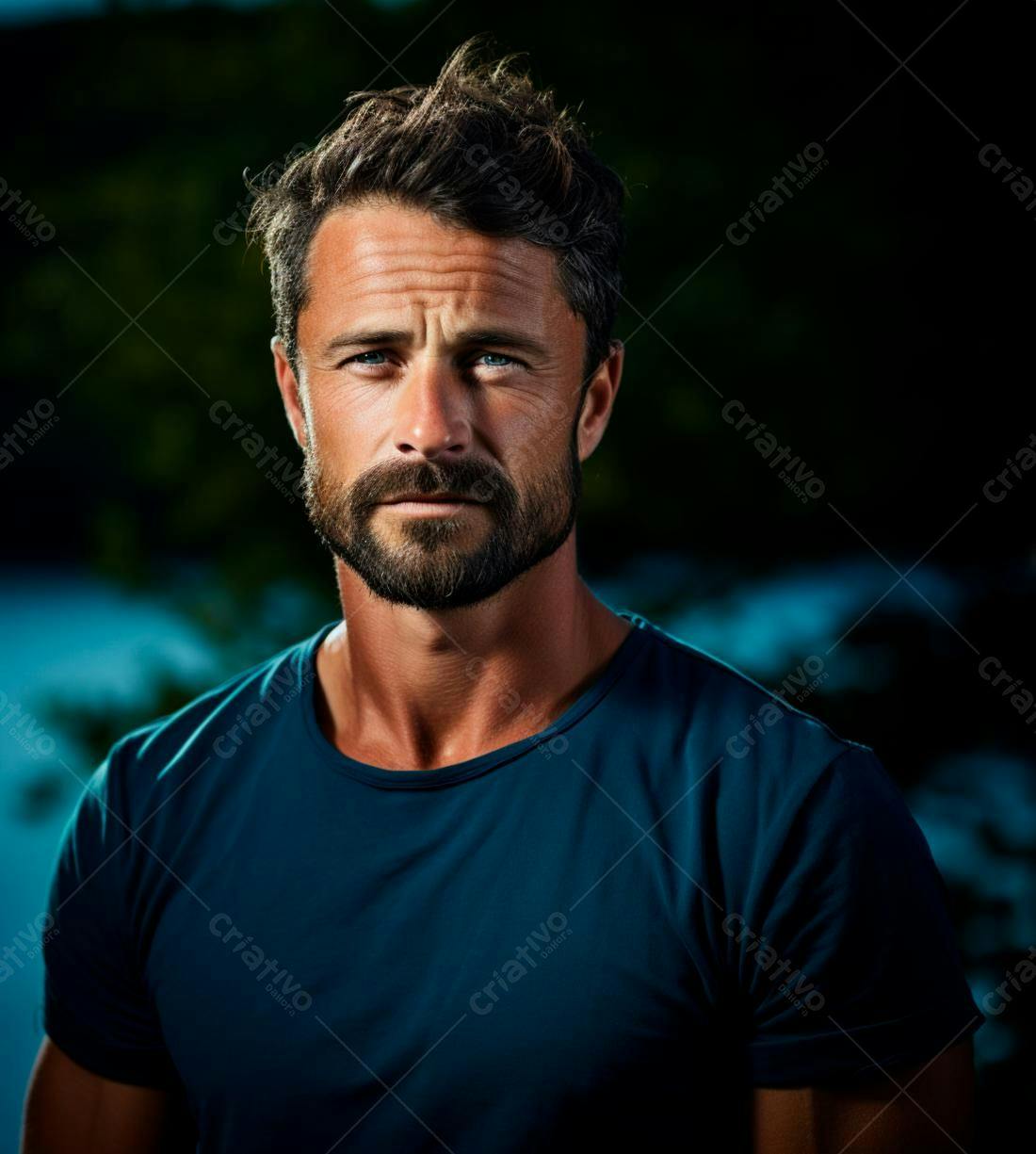 Homem barbudo de olhos azuis em camiseta azul escura