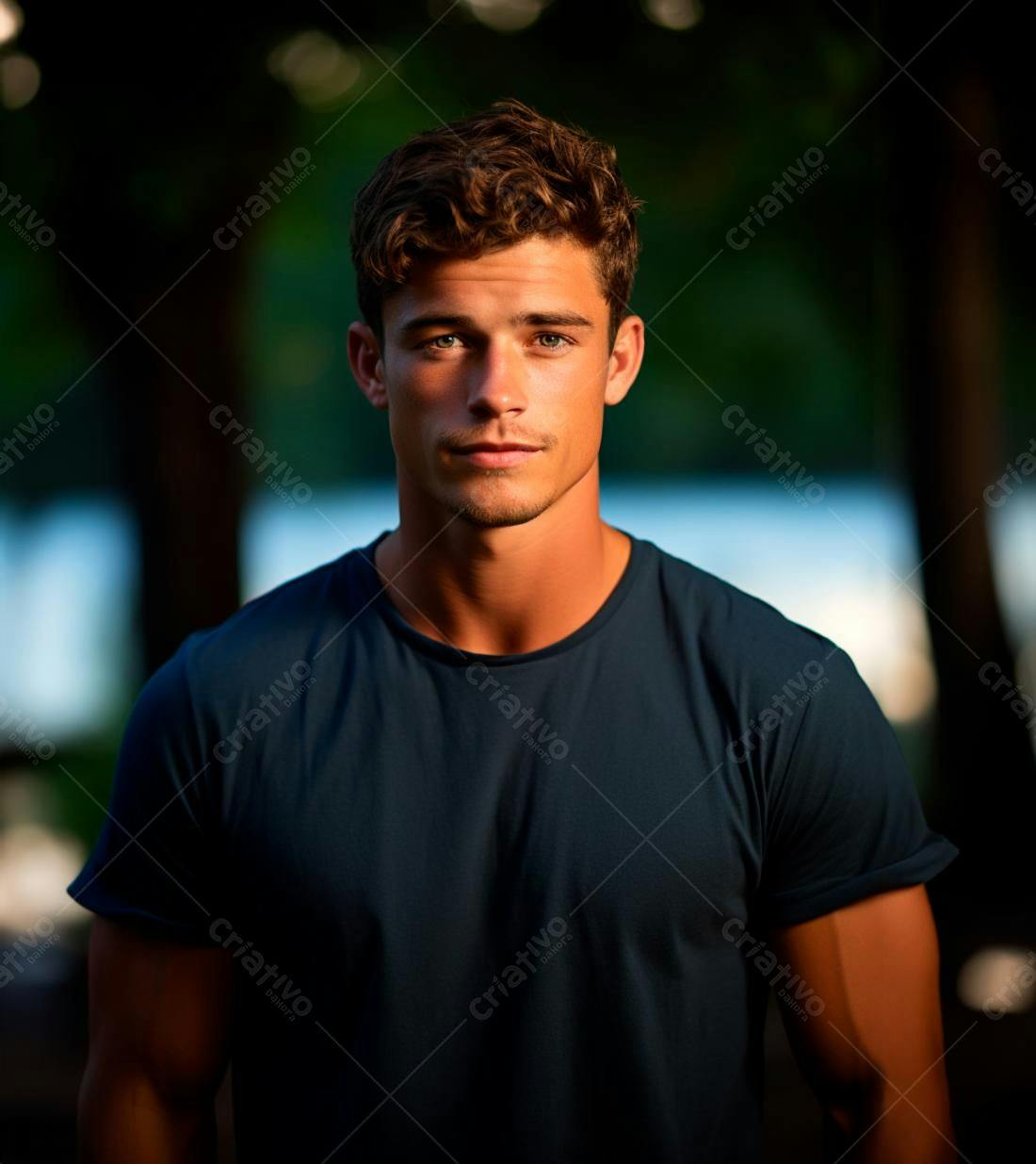 Homem moreno de olhos azuis usando camiseta azul marinho