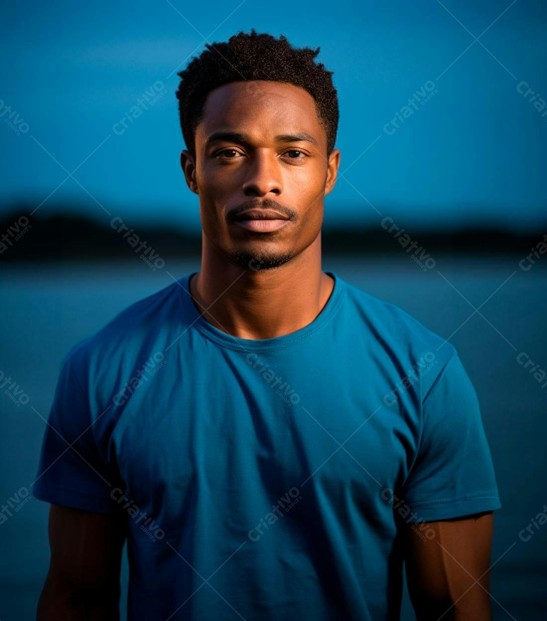 Homem negro em camiseta azul ao entardecer