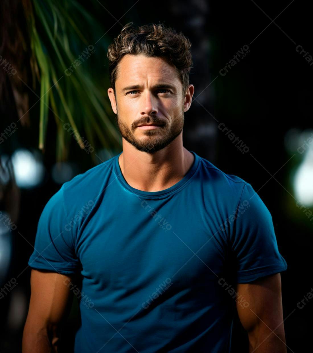 Homem barbudo usando camiseta azul escura