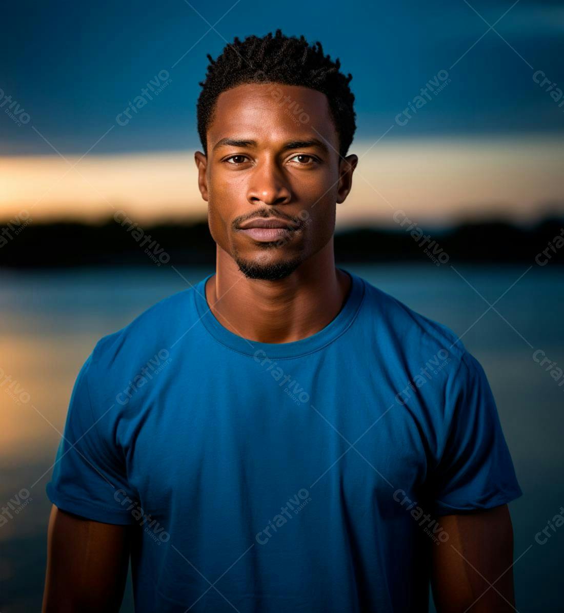 Homem negro vestindo camiseta azul ao entardecer