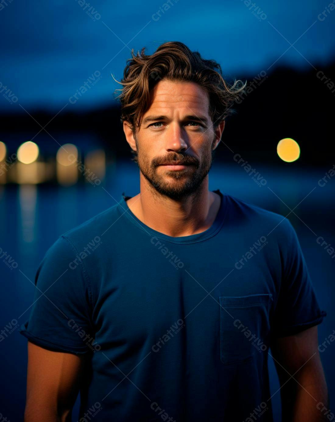 Homem barbudo em camiseta azul ao anoitecer
