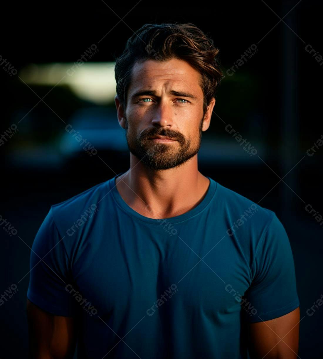 Homem com barba e olhos azuis usando camiseta azul escura