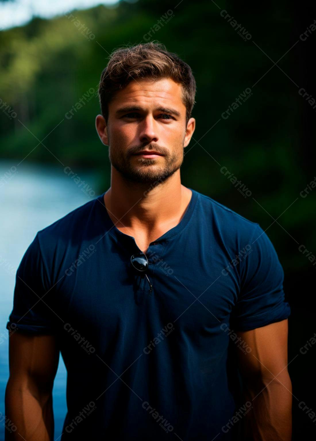 Homem moreno de camisa azul em cenário natural
