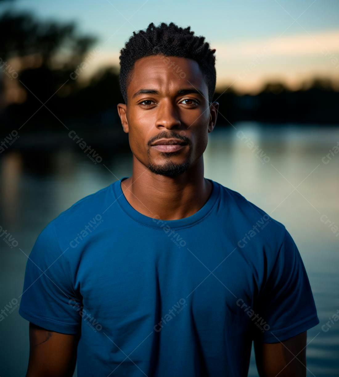 Homem negro camisa azul retrato ao entardecer