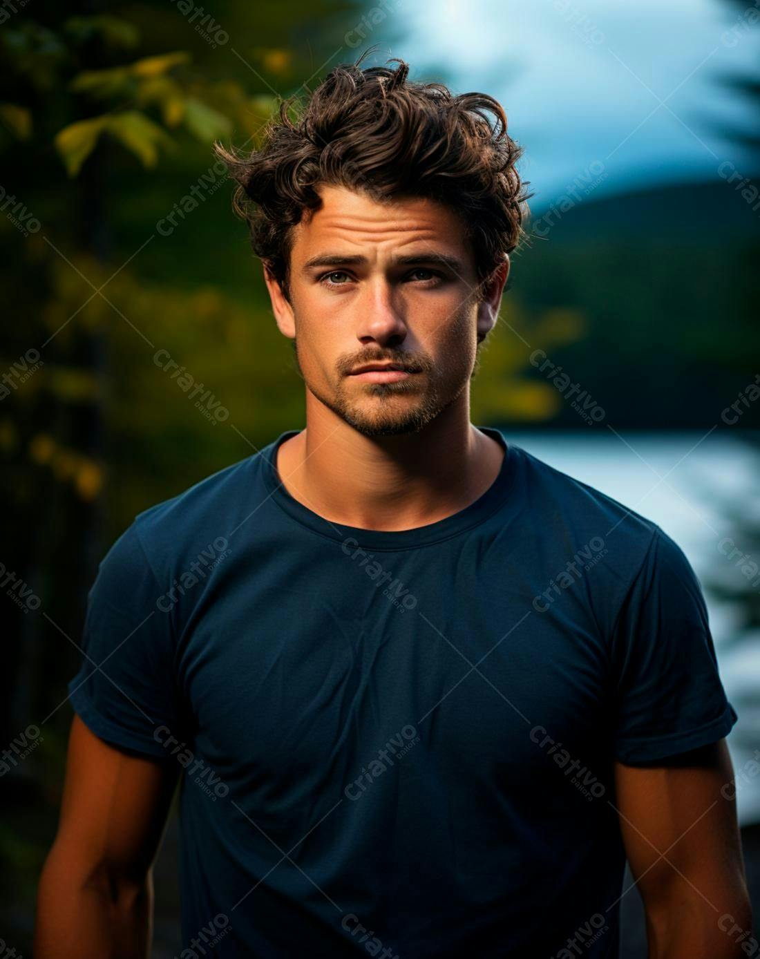 Homem jovem com olhos azuis usando camiseta azul escura