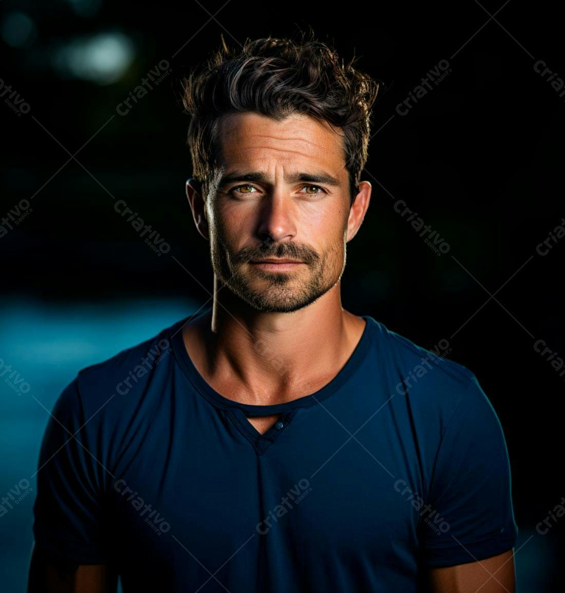 Retrato homem barbudo camiseta azul fundo escuro