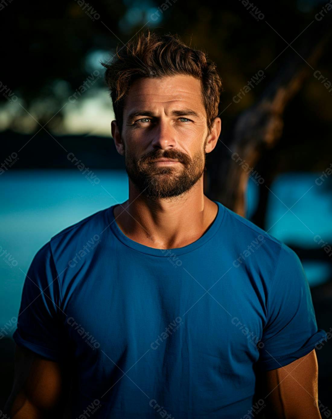 Homem barbudo com camisa azul em retrato ao ar livre