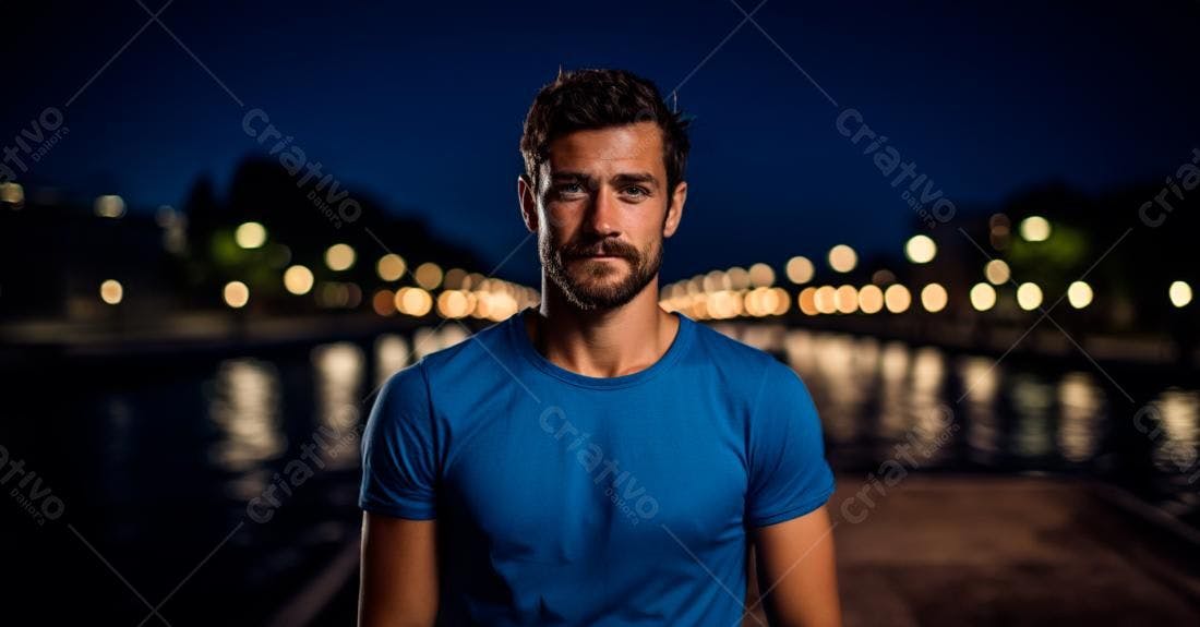 Homem barbudo em camiseta azul noite
