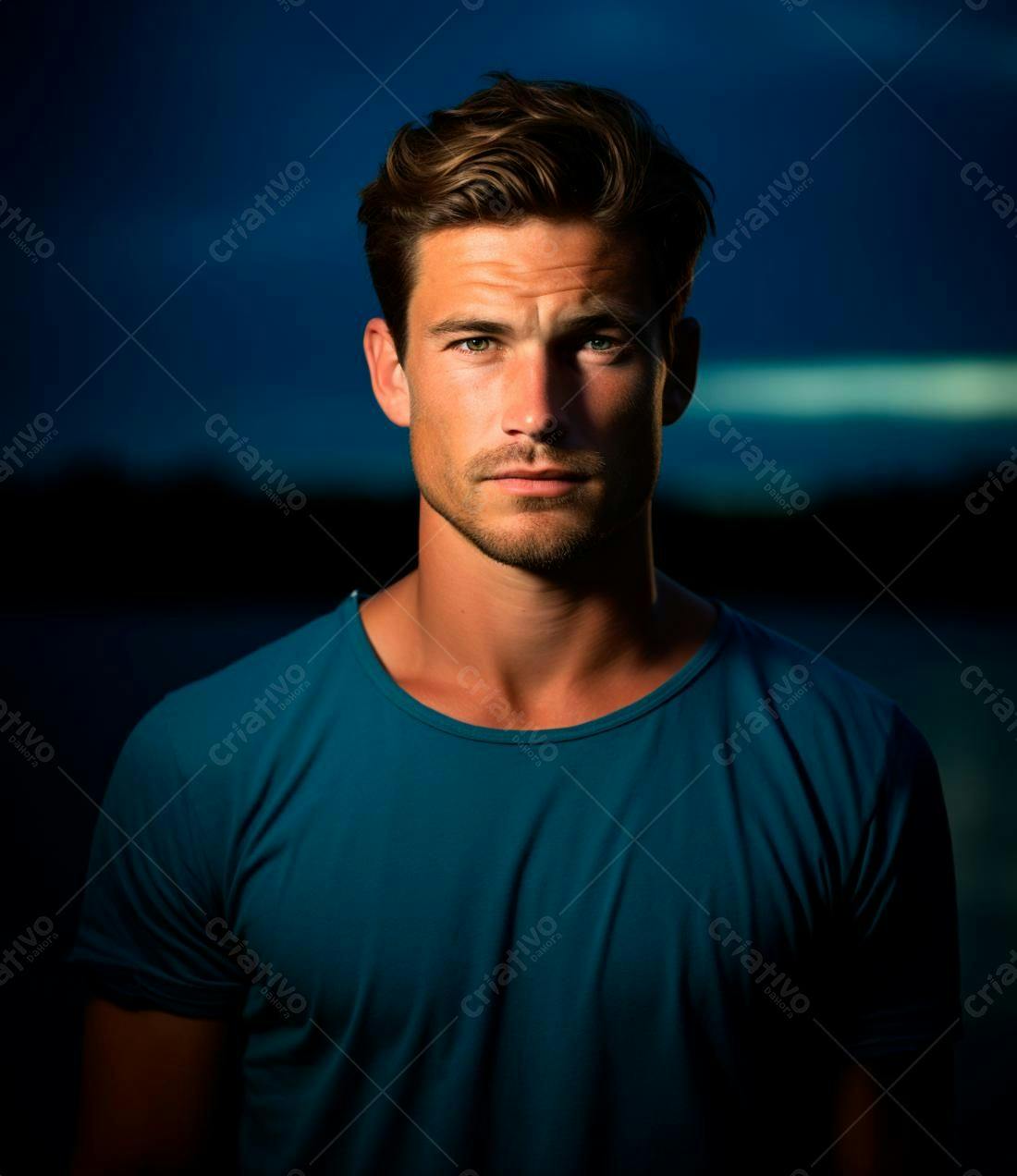 Homem sério fundo escuro camisa azul