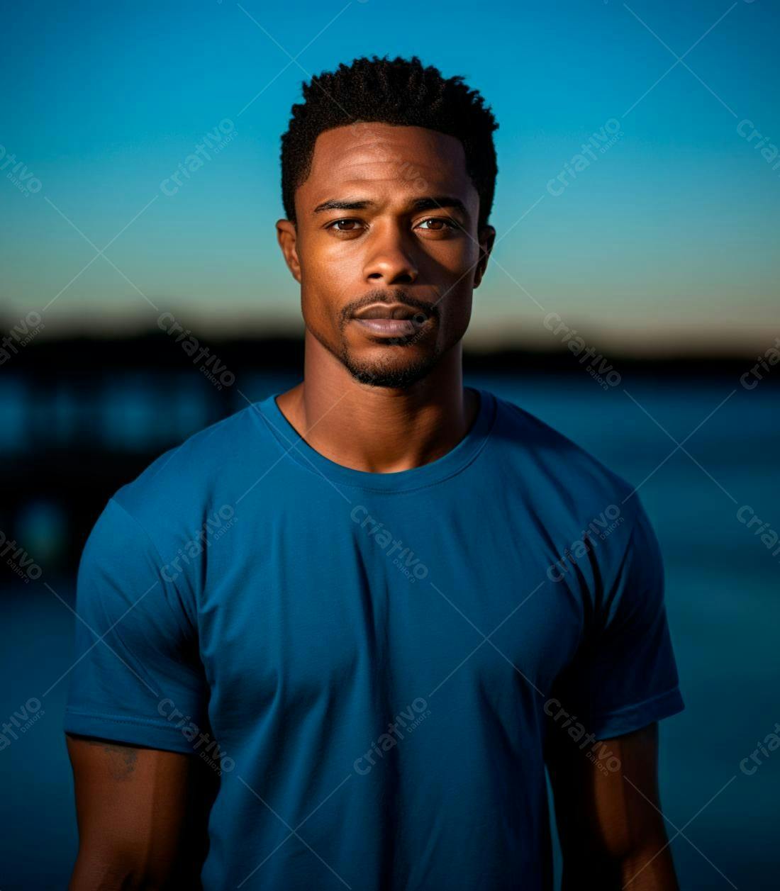 Homem negro vestindo camiseta azul ao entardecer