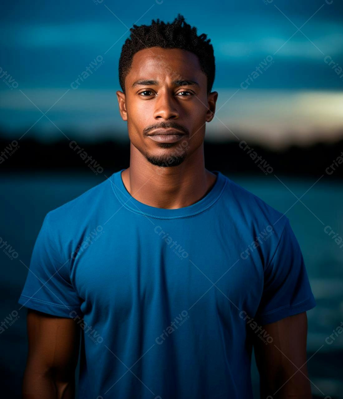Homem negro em camiseta azul ao entardecer