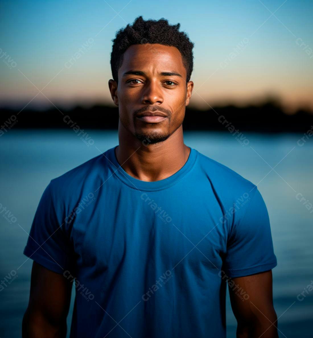 Homem negro usando camiseta azul ao entardecer