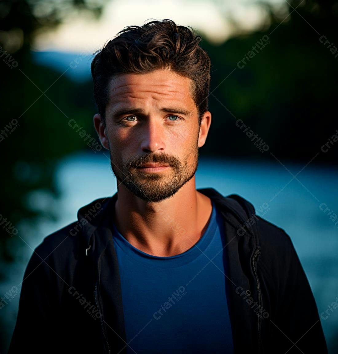 Homem com barba e olhos azuis em retrato ao ar livre
