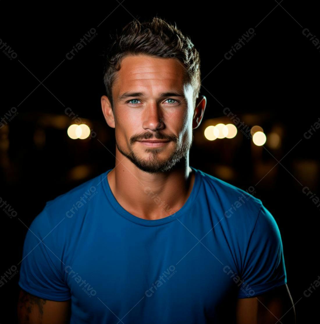 Homem com barba e olhos azuis usando camiseta azul