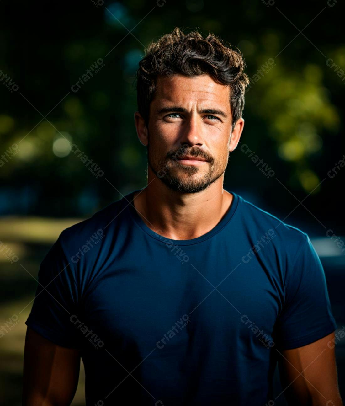 Homem com barba e cabelo castanho usando camiseta azul escura