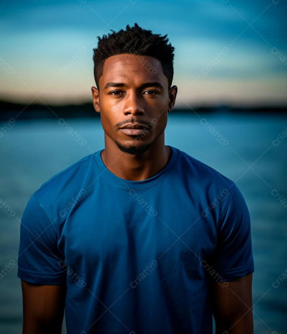 Homem negro vestindo camiseta azul perto da água