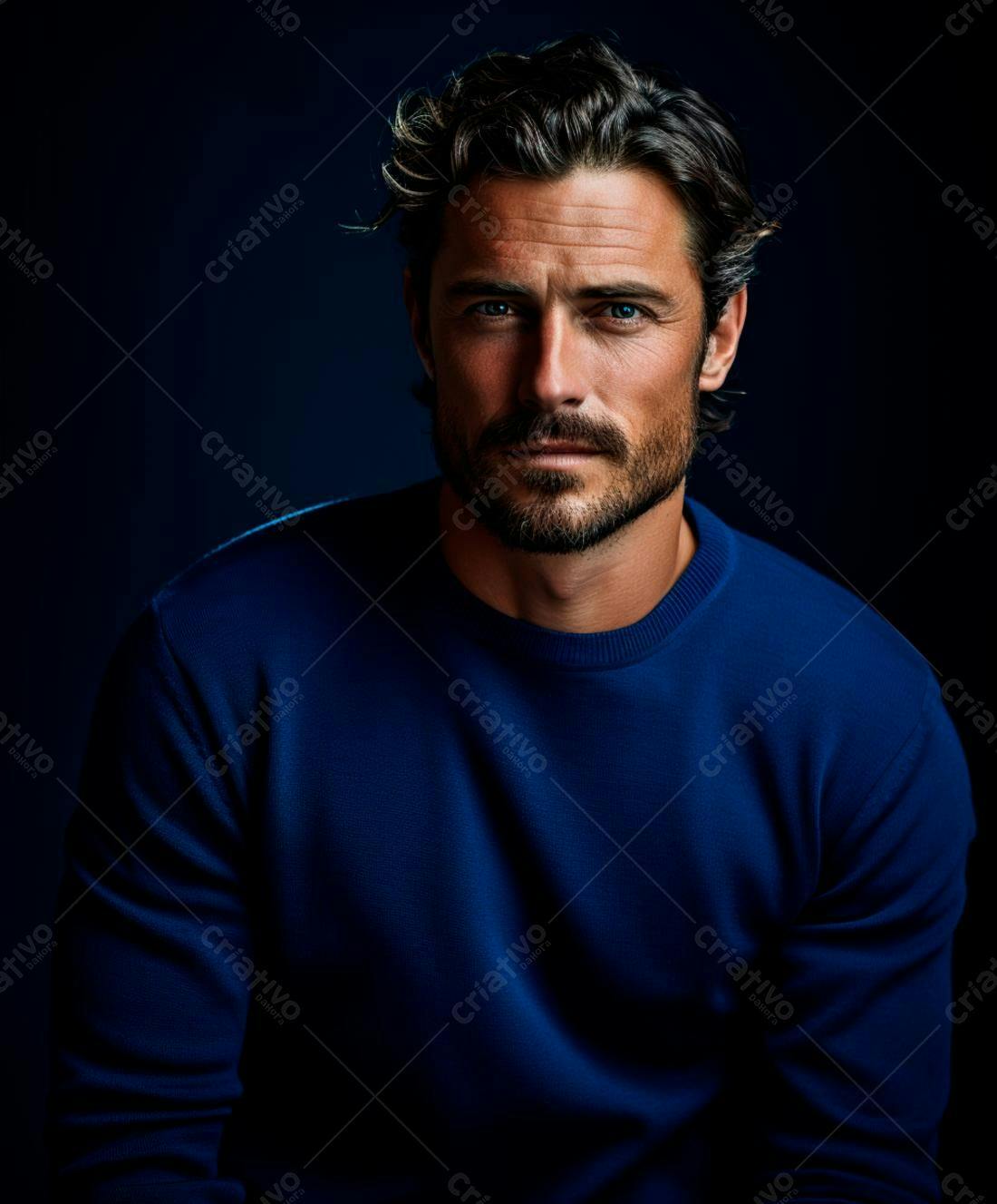 Homem de barba com suéter azul escuro