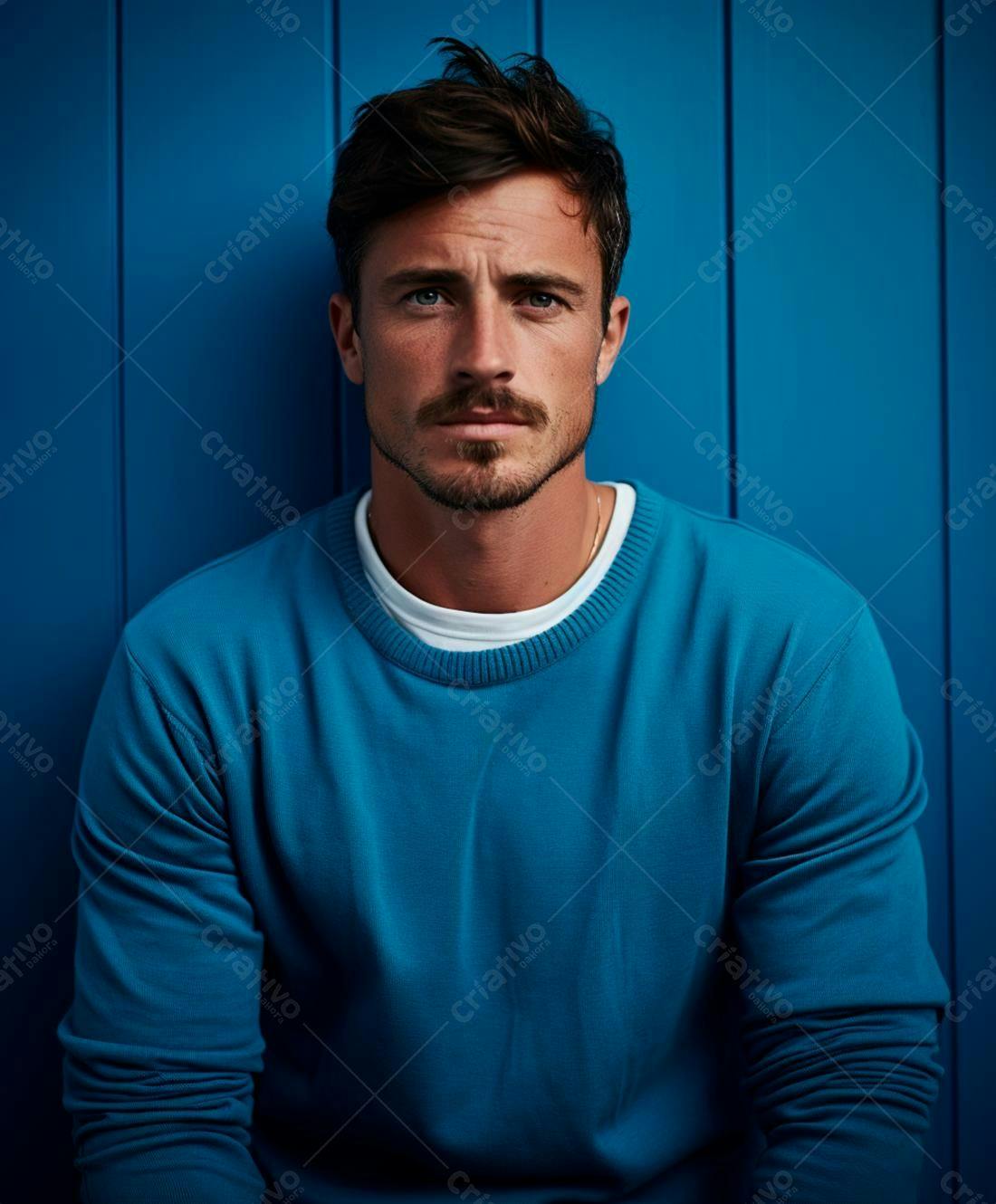 Homem com barba olhando para a câmera fundo azul