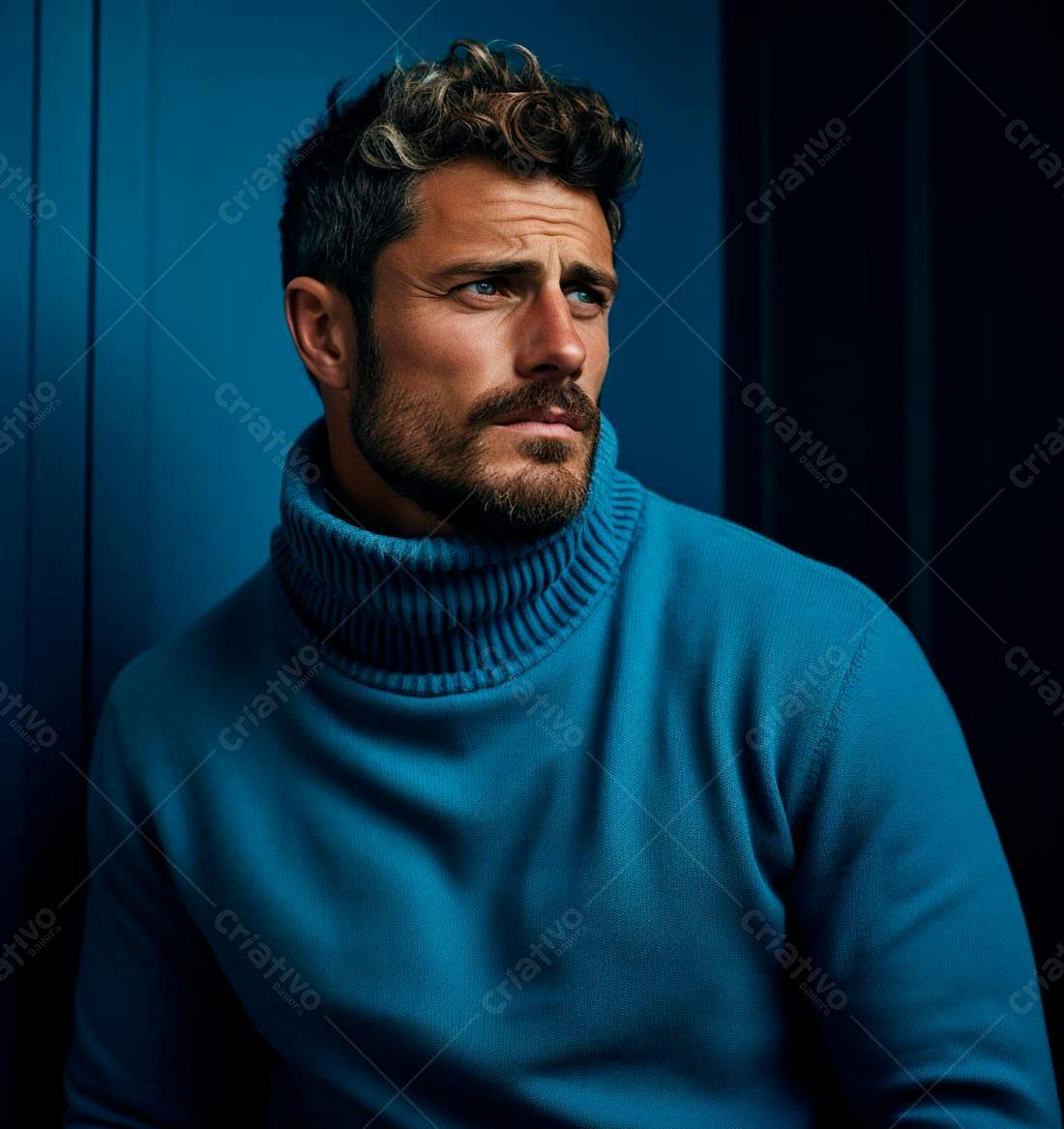 Homem barbudo com suéter azul olhando para o lado