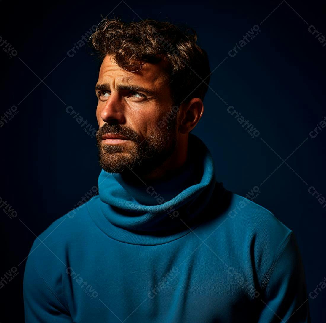 Homem barbudo em suéter azul olhando para cima