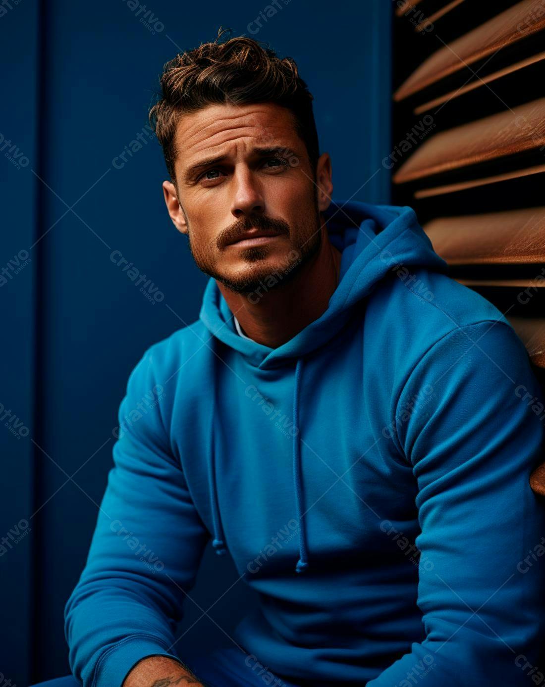 Homem com cavanhaque usando moletom azul