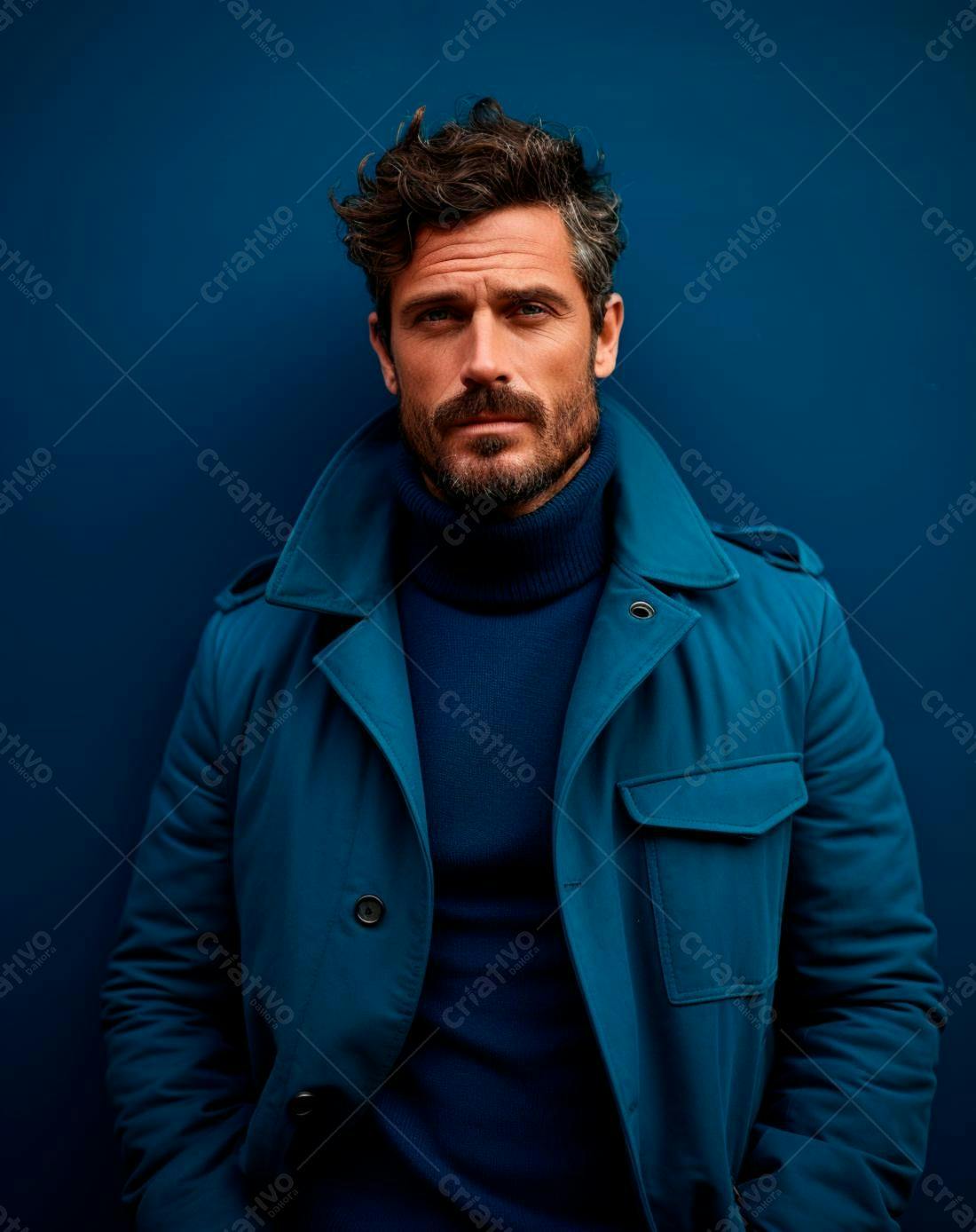 Homem com barba usando casaco azul escuro