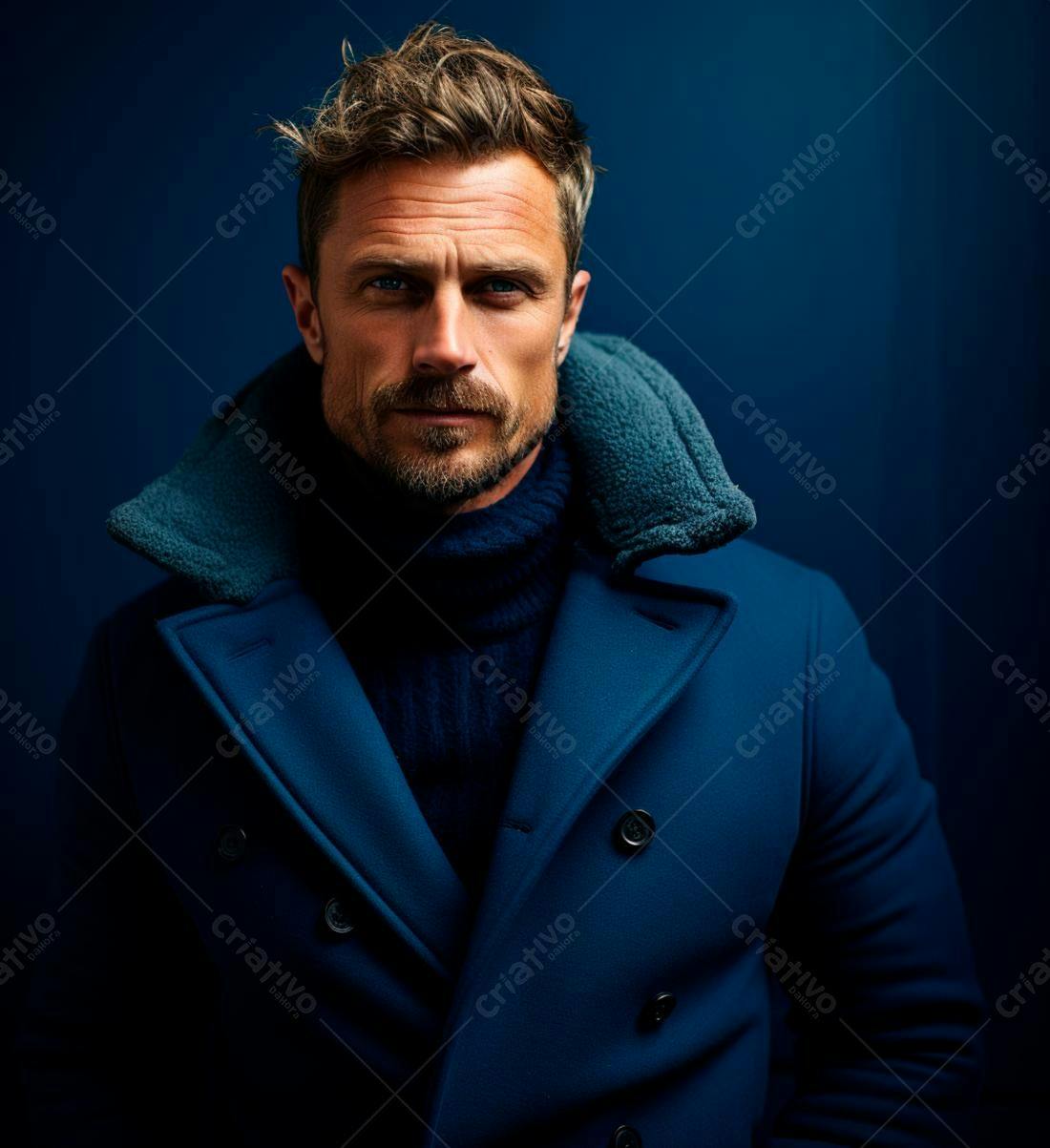 Homem elegante casaco azul fundo escuro