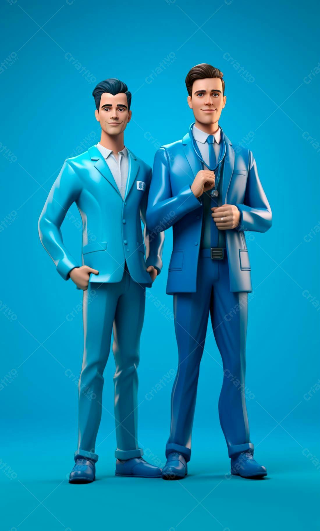 Dois homens em ternos azuis fundo azul