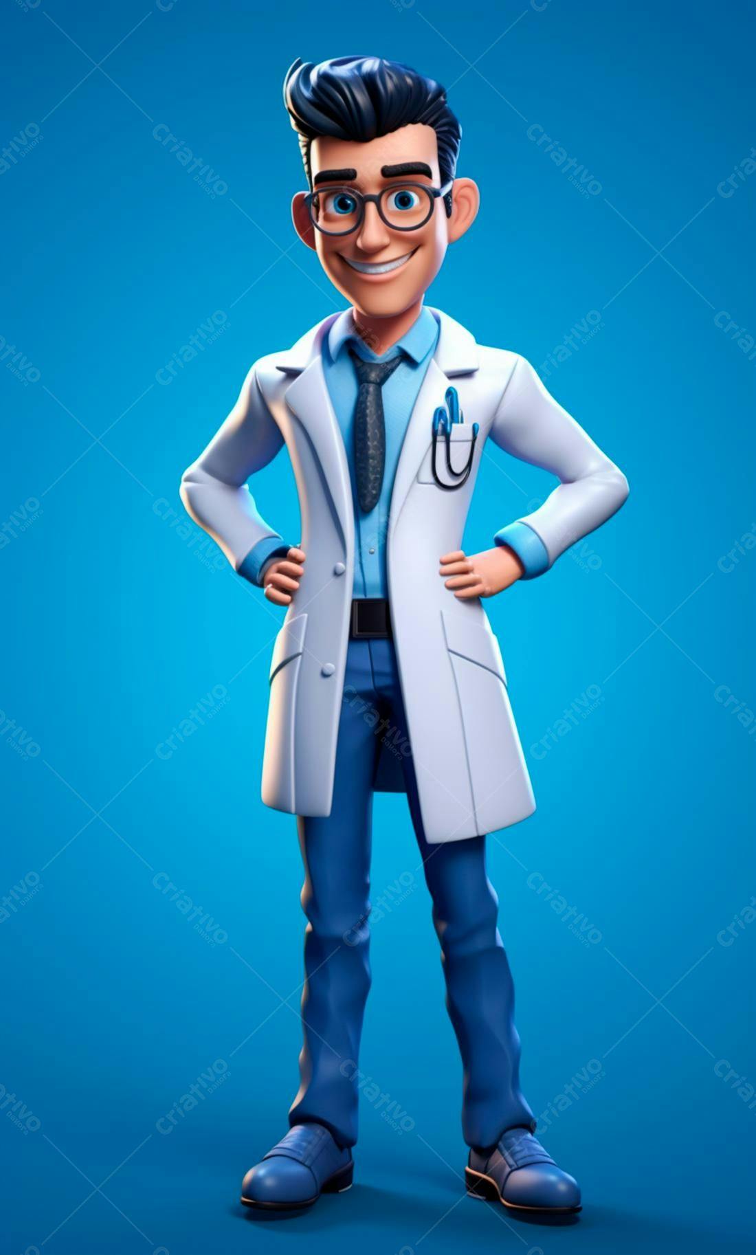 Médico Desenho Animado Sorrindo fundo azul