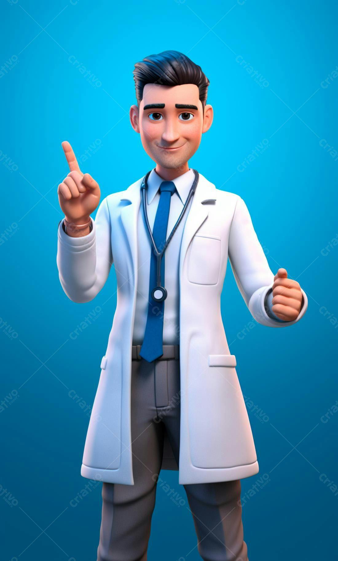 Médico 3D apontando com sorriso