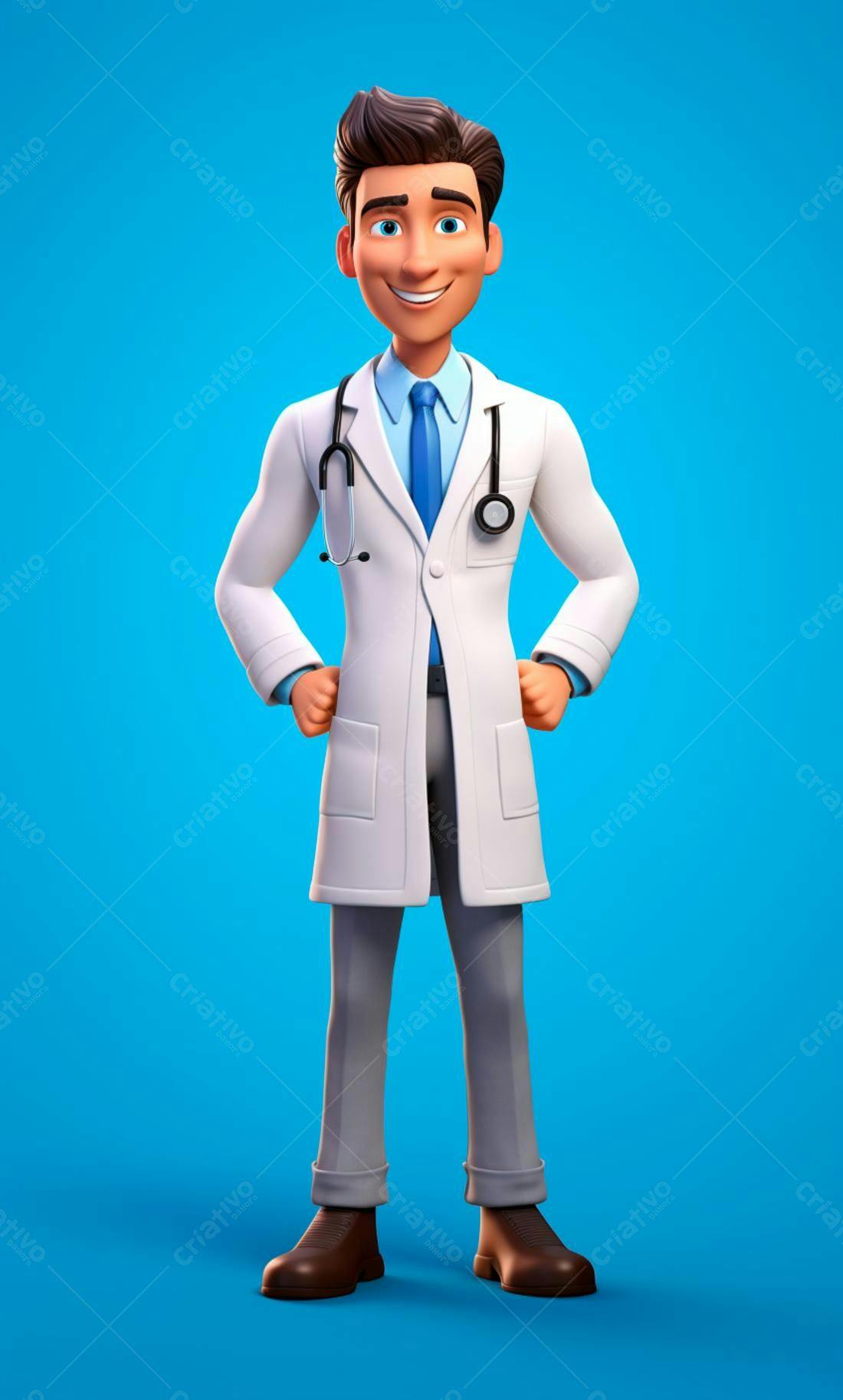 Médico de desenho animado sorridente fundo azul