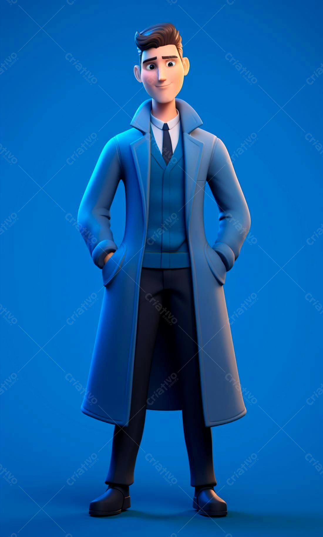 Homem de desenho animado em casaco azul