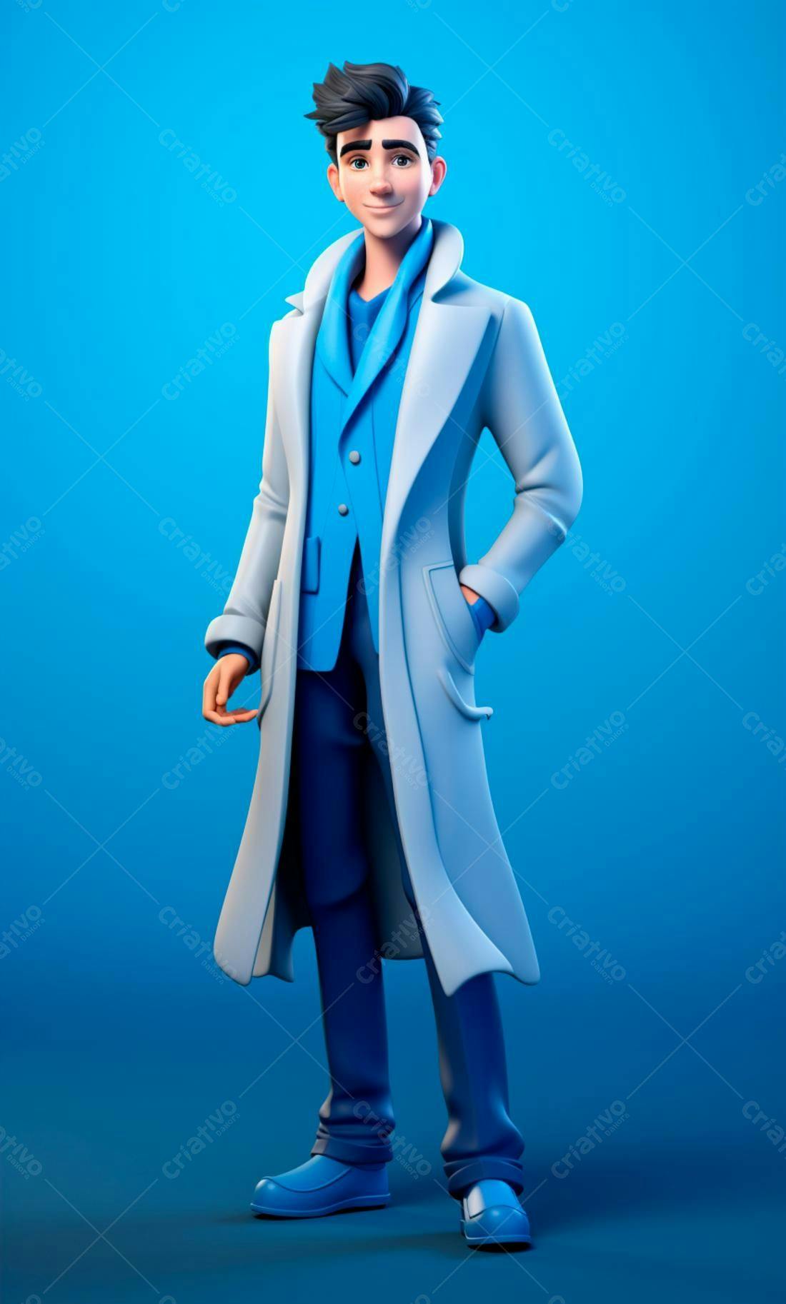 Homem de terno azul e casaco claro fundo azul