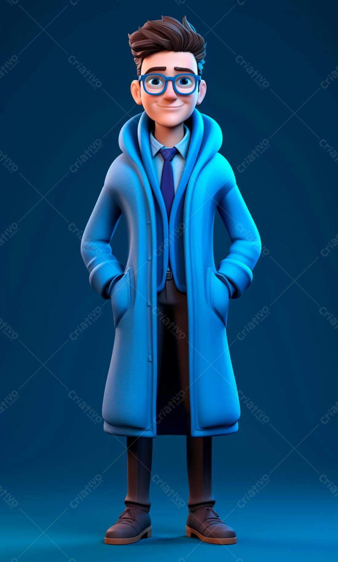 Personagem 3D estilo cartoon usando casaco azul