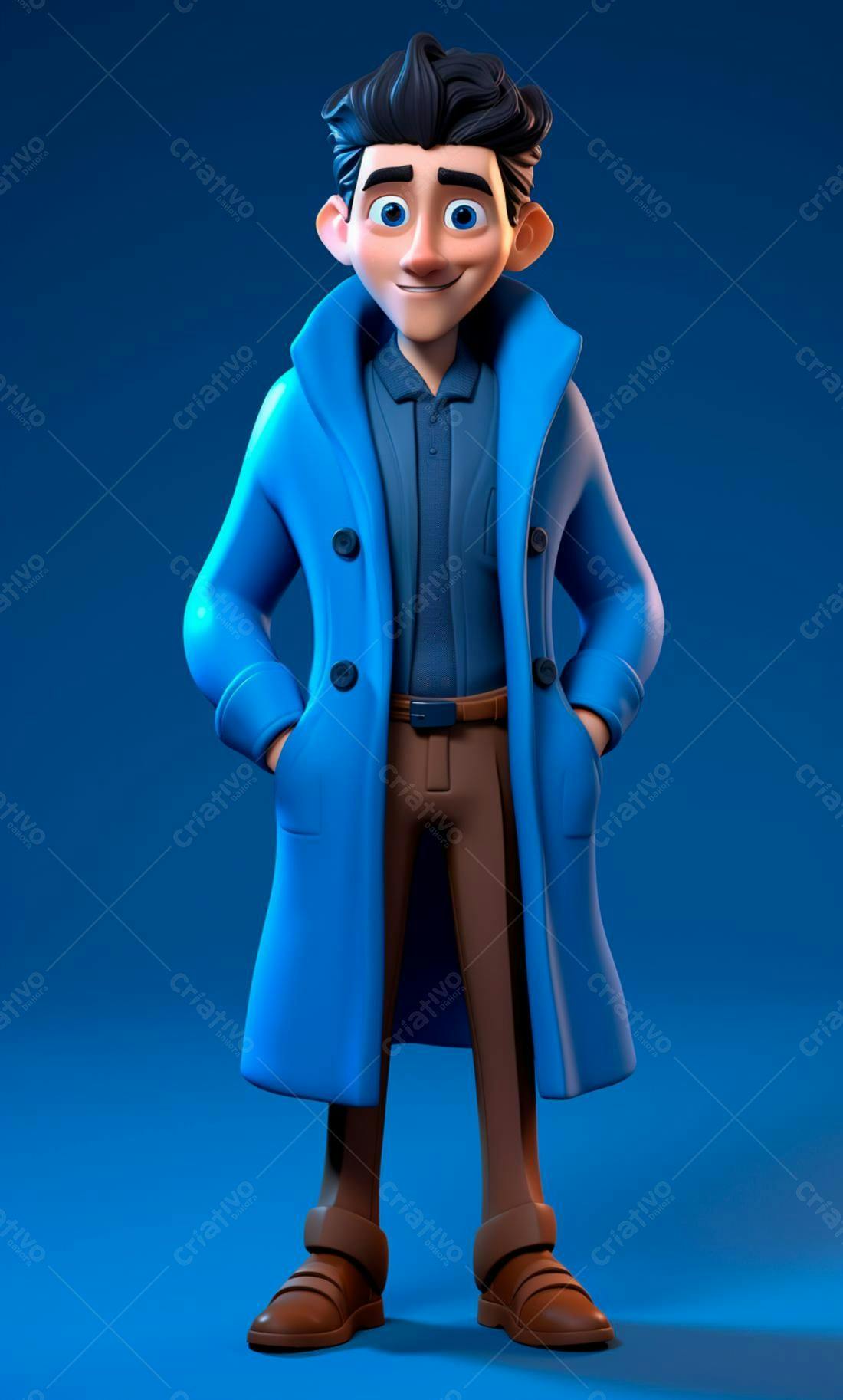 Homem de desenho animado em casaco azul